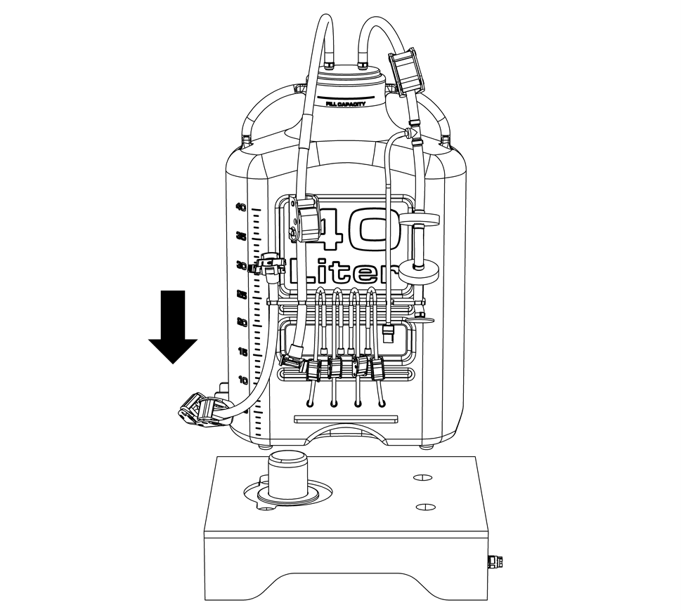 Simple installation illustration of the ProConnex MixOne 40L carboy vertical placement of the unit directly onto the reusable platform.